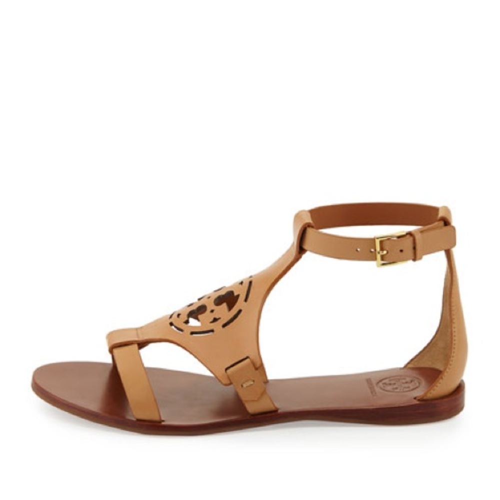 NWOT Tory Burch Zoey Leather Logo Flat Sandal, Sand - Size 10